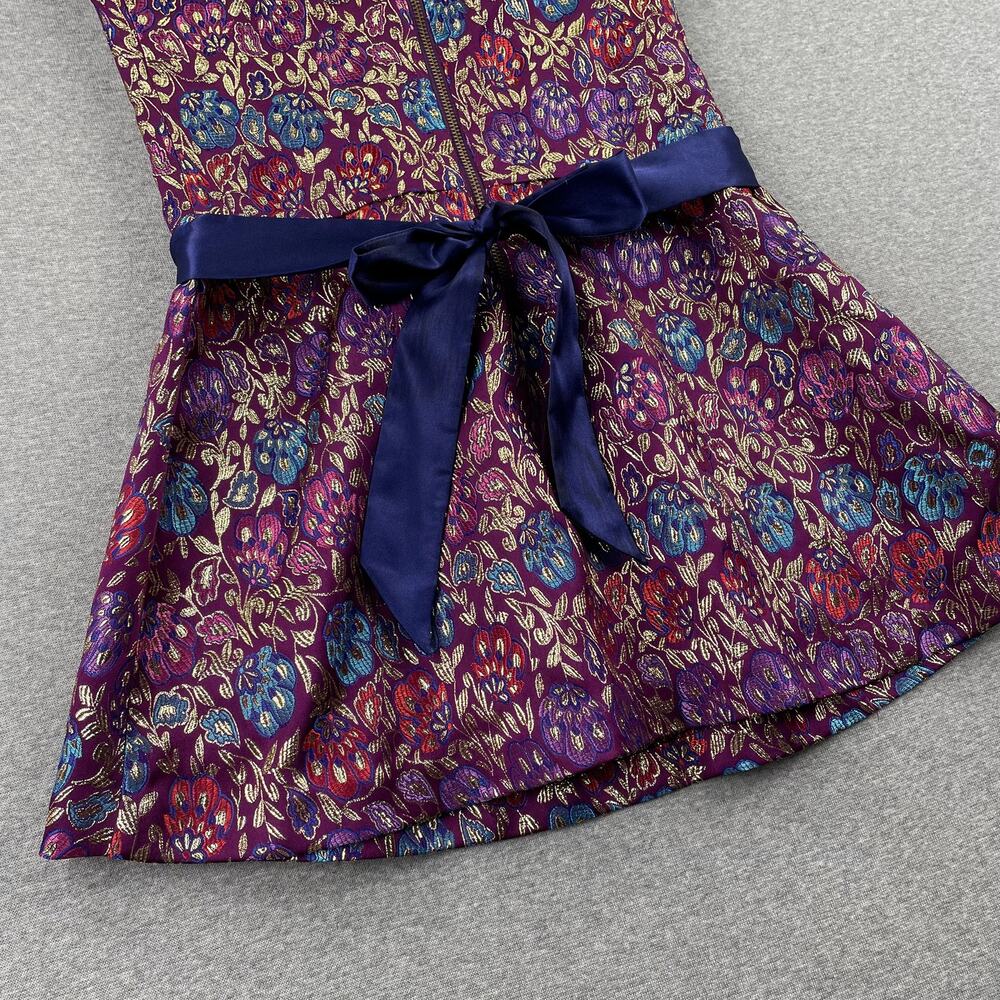 American Girl Purple Floral Metallic Holiday Party Dress Size 7 Blue Satin Sash - Picture 9 of 13